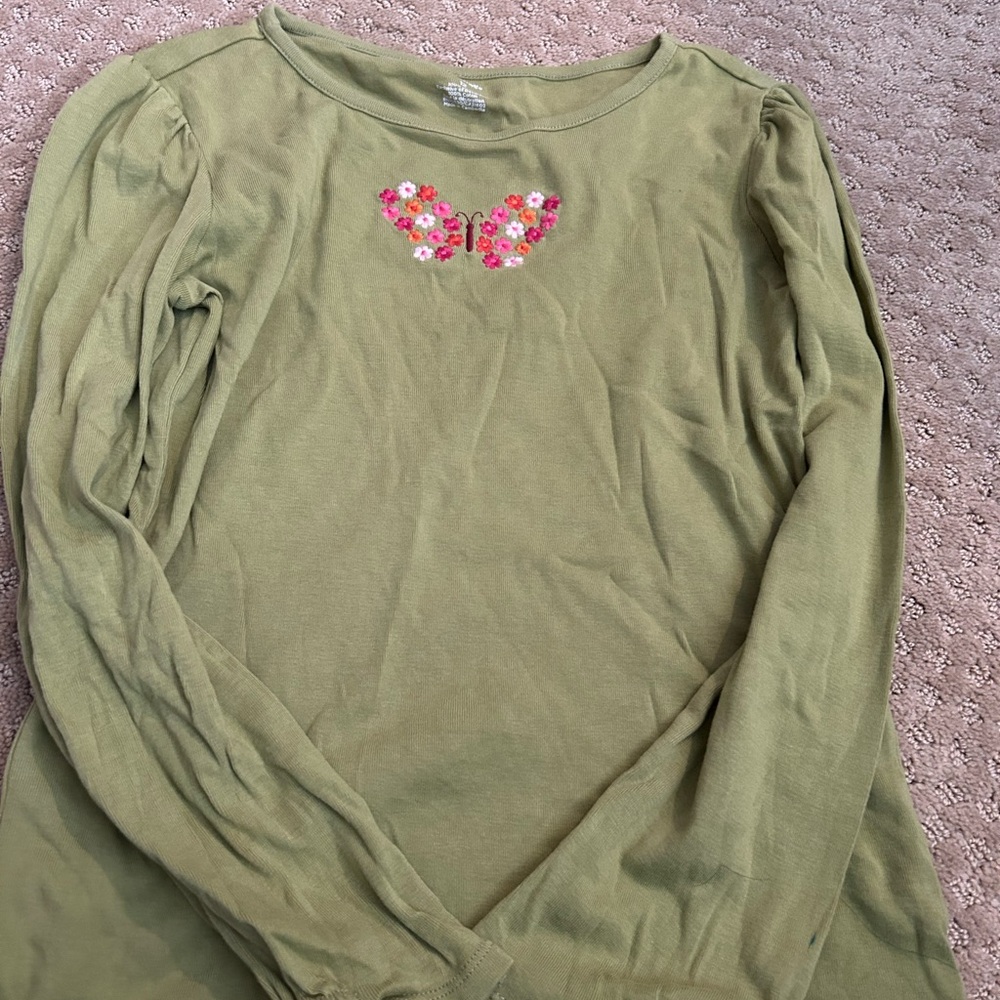 Gymboree Olive Green Long Sleeve Tee with Pink Butterfly